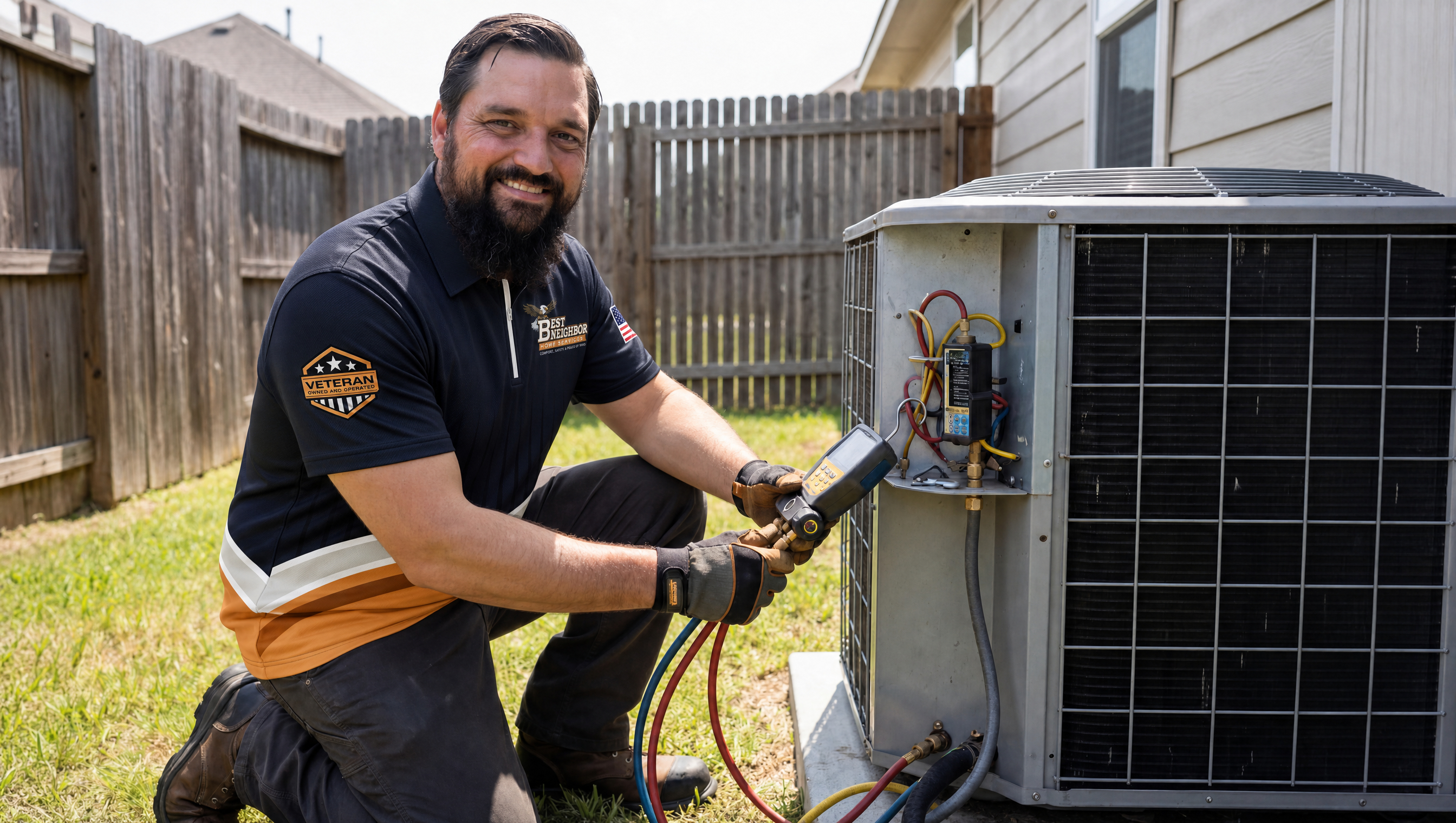 Veteran HVAC technician servicing a residential heating and cooling system in North Texas